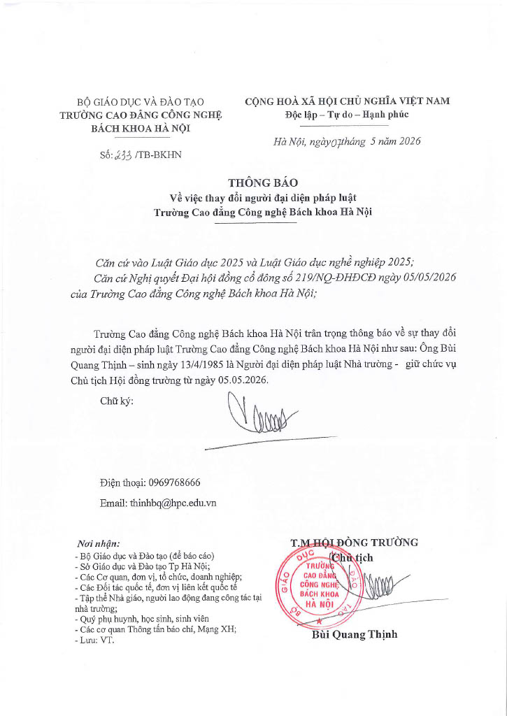 THÔNG BÁO: THAY ĐỔI NGƯỜI ĐẠI DIỆN PHÁP LUẬT TRƯỜNG CAO ĐẲNG CÔNG NGHỆ BÁCH KHOA HÀ NỘI